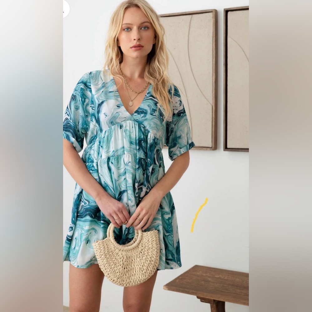 Boho Print Deep V-Neck Back Tie Mini Dress Size M